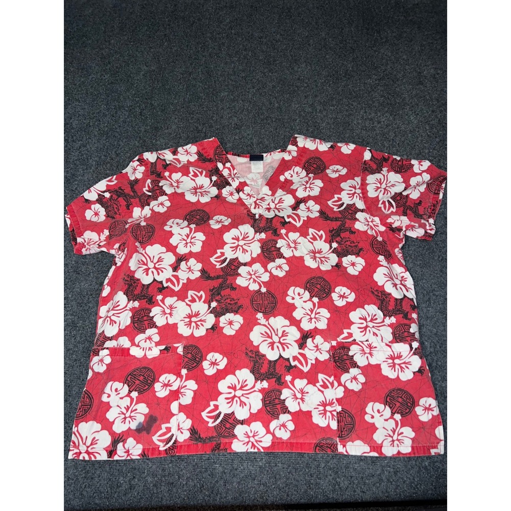 Medgear Scrub Top Large Red Floral Dragon Print V-Neck Short Sleeve Medical